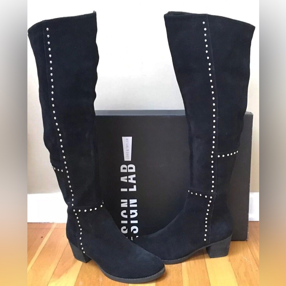 Design Lab Lord & Taylor 'Odel' Black Suede Studded Over the Knee Boots Sz 6B